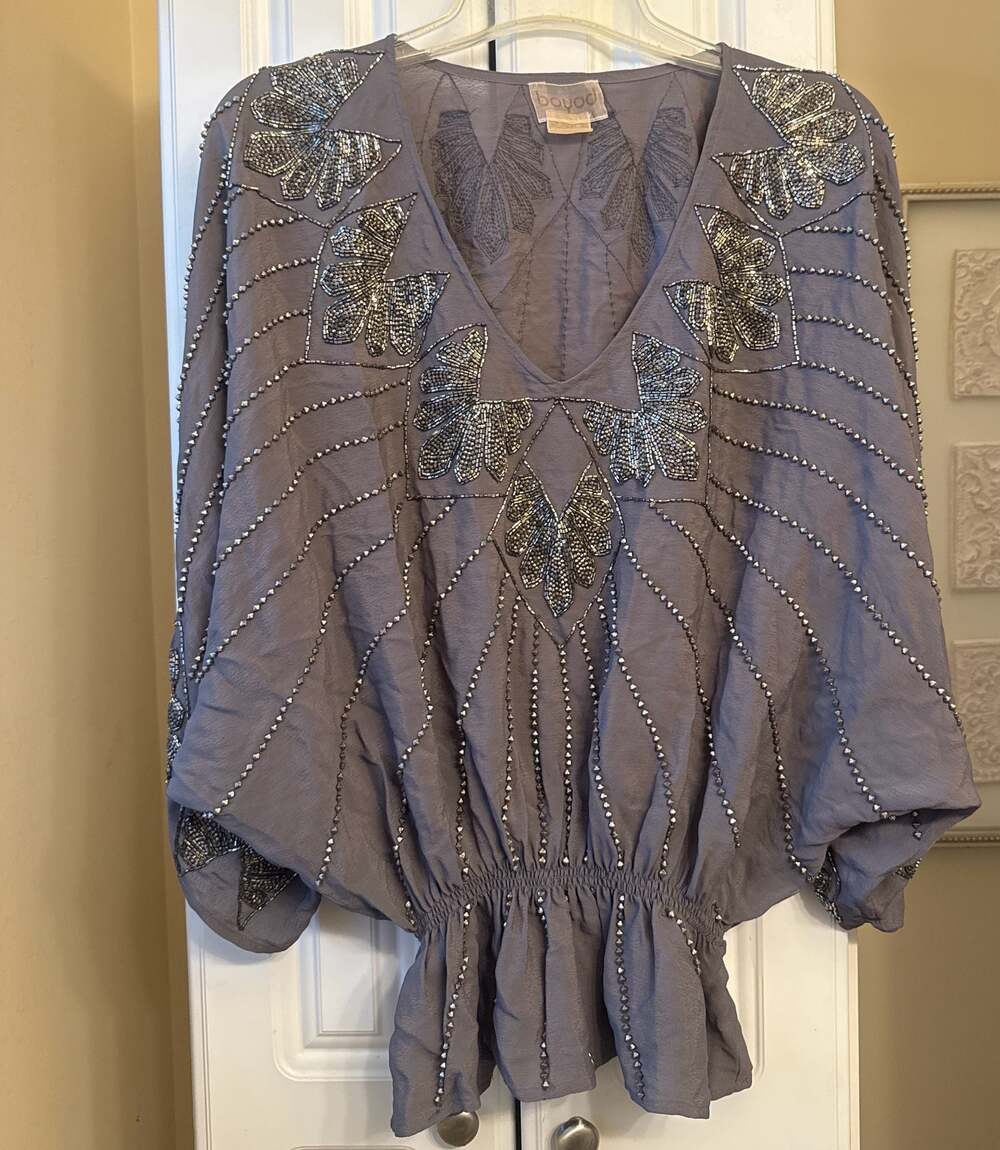 Vintage Boyod Beaded V-Neck Embellished Blouse Elastic Waist XS